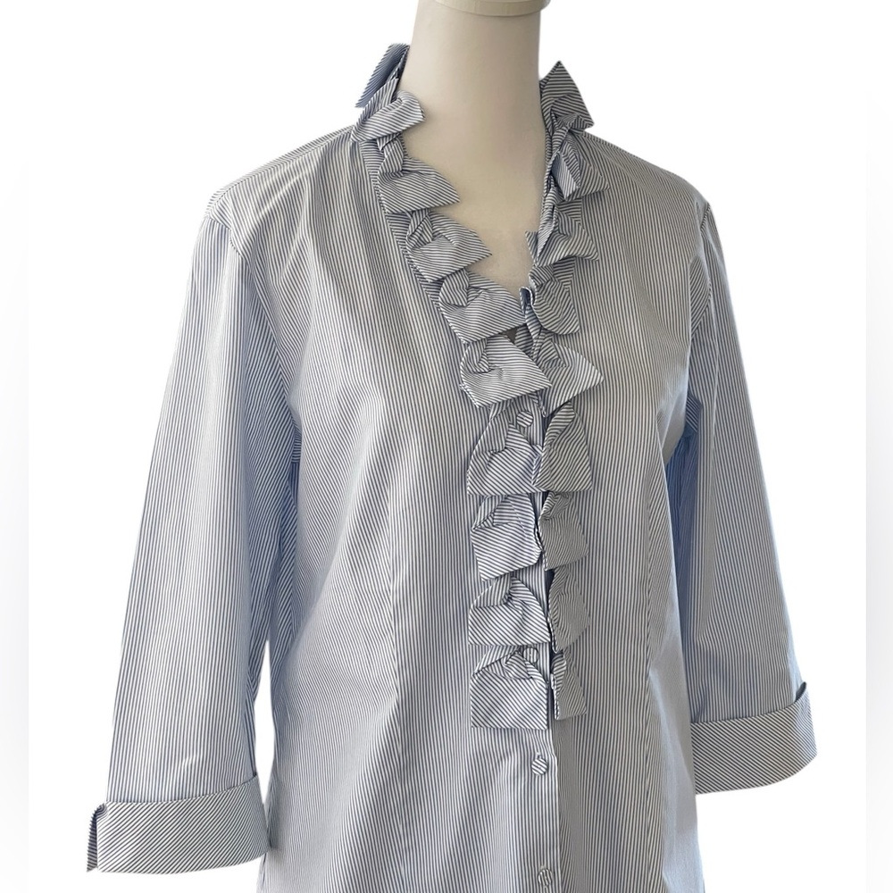 Talbots Blue White Stripe Ruffle Button-up Shirt Sz 6 3/4 Sleeves Fabric Buttons